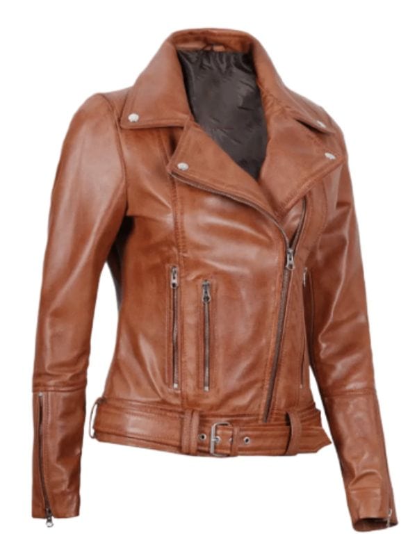 Women's Light Brown Asymmetrical Leather Biker Jacket