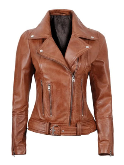 Women's Light Brown Asymmetrical Leather Biker Jacket