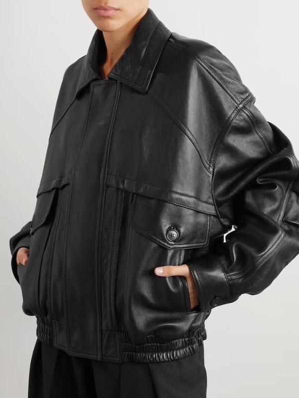 Women's Oversized 90s Black Leather Bomber Jacket