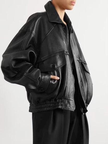 Women's Oversized 90s Black Leather Bomber Jacket