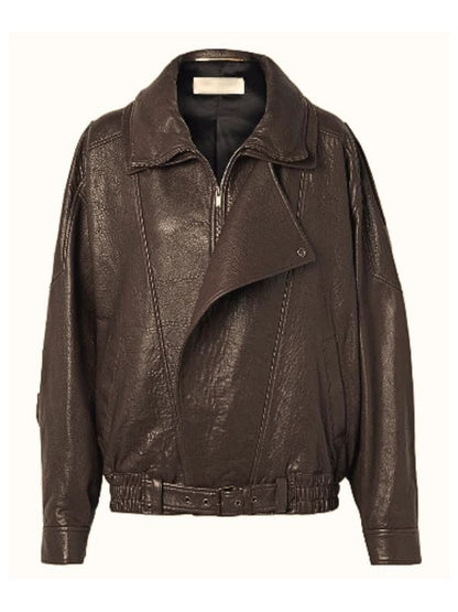 Women's Oversized Textured Brown Leather Bomber Jacket