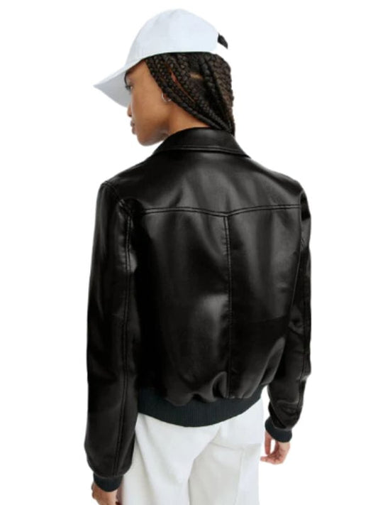 “Women’s Black Leather Bomber Jacket – Shirt Collar & Ribbed Cuff Style by Arna Luxe”