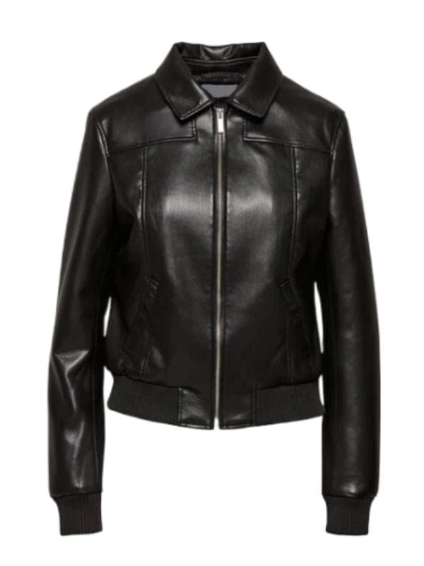 “Women’s Black Leather Bomber Jacket – Shirt Collar & Ribbed Cuff Style by Arna Luxe”