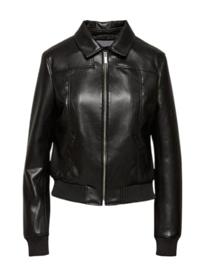 “Women’s Black Leather Bomber Jacket – Shirt Collar & Ribbed Cuff Style by Arna Luxe”