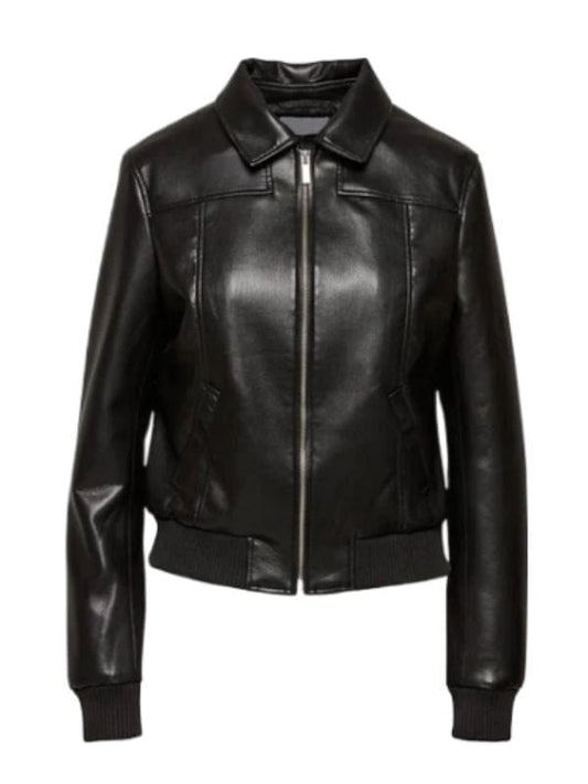 “Women’s Black Leather Bomber Jacket – Shirt Collar & Ribbed Cuff Style by Arna Luxe”