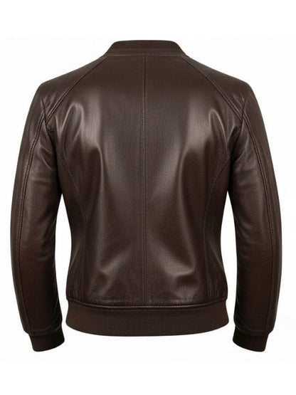 “Women’s Dark Brown Leather Bomber Jacket – Premium Rib-Knit Style by Arna Luxe”