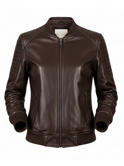 “Women’s Dark Brown Leather Bomber Jacket – Premium Rib-Knit Style by Arna Luxe”