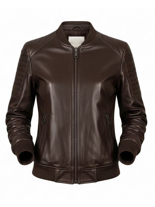 “Women’s Dark Brown Leather Bomber Jacket – Premium Rib-Knit Style by Arna Luxe”
