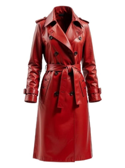 Women's Premium Full-Length Red Leather Trench Coat