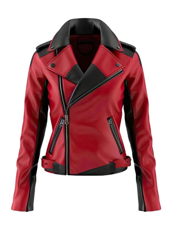 Women's Red and Black Classic Biker Leather Jacket
