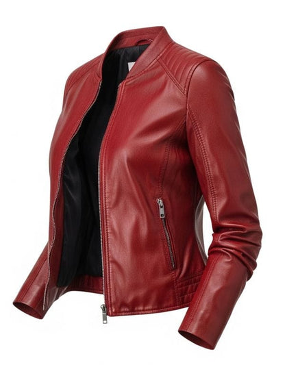 “Women’s Red Quilted Leather Bomber Jacket – Lambskin Ribbed Collar Style by Arna Luxe”