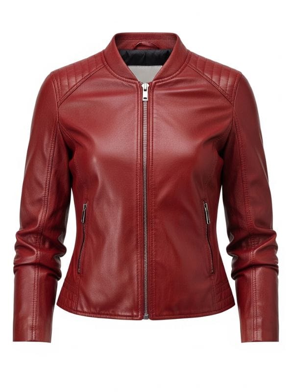 “Women’s Red Quilted Leather Bomber Jacket – Lambskin Ribbed Collar Style by Arna Luxe”