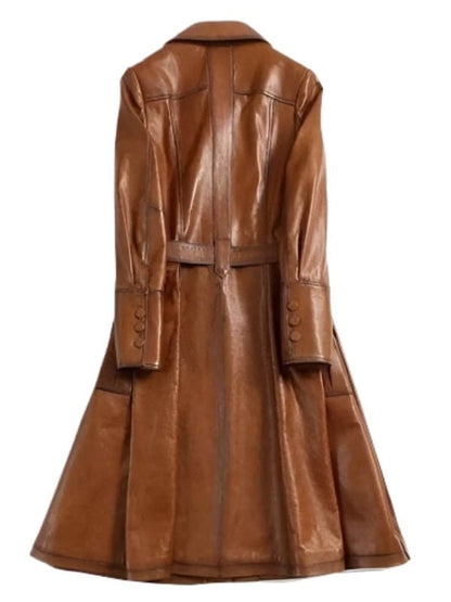 Women's Stylish Belted Tan Brown Leather Trench Coat