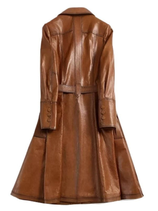Women's Stylish Belted Tan Brown Leather Trench Coat