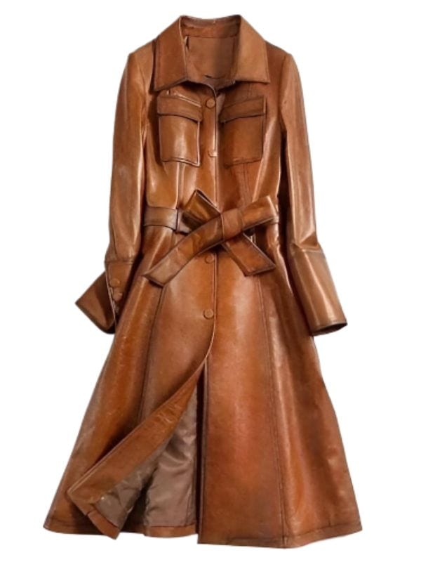 Women's Stylish Belted Tan Brown Leather Trench Coat