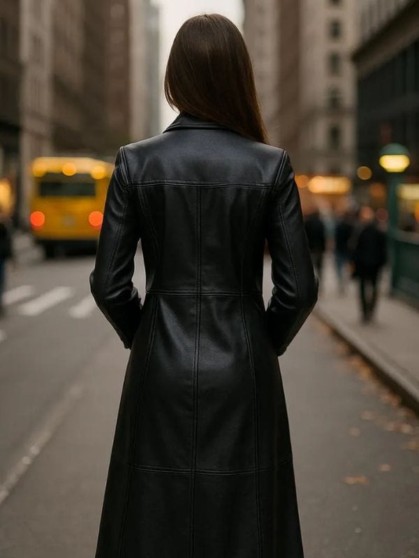 Women's Stylish Full Length Black Leather Trench Coat