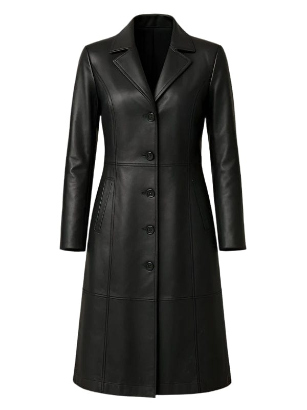 Women's Stylish Full Length Black Leather Trench Coat