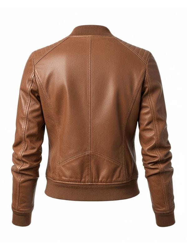 “Women’s Light Brown Leather Bomber Jacket – Artisan Ribbed Collar Style by Arna Luxe”