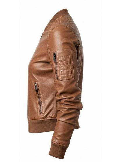 “Women’s Light Brown Leather Bomber Jacket – Artisan Ribbed Collar Style by Arna Luxe”