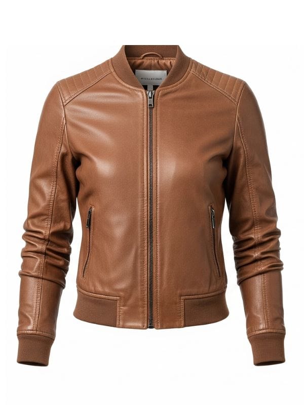 “Women’s Light Brown Leather Bomber Jacket – Artisan Ribbed Collar Style by Arna Luxe”
