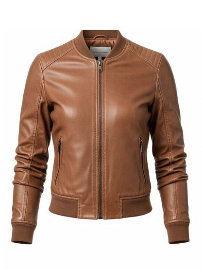 “Women’s Light Brown Leather Bomber Jacket – Artisan Ribbed Collar Style by Arna Luxe”