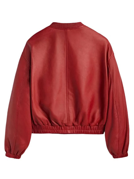 “Women’s Crimson Red Leather Bomber Jacket – Snap Button & Ribbed Collar Style by Arna Luxe”