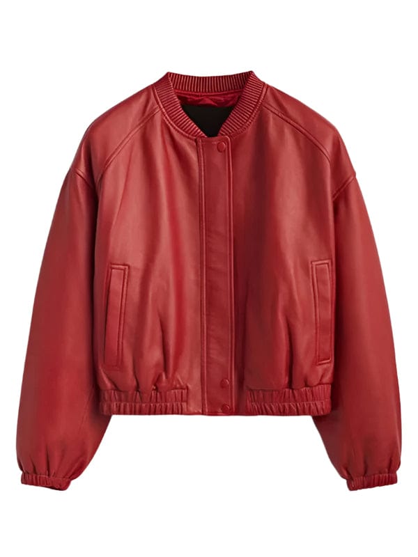 “Women’s Crimson Red Leather Bomber Jacket – Snap Button & Ribbed Collar Style by Arna Luxe”