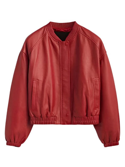 “Women’s Crimson Red Leather Bomber Jacket – Snap Button & Ribbed Collar Style by Arna Luxe”