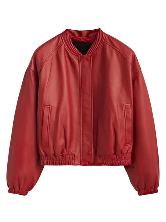 “Women’s Crimson Red Leather Bomber Jacket – Snap Button & Ribbed Collar Style by Arna Luxe”