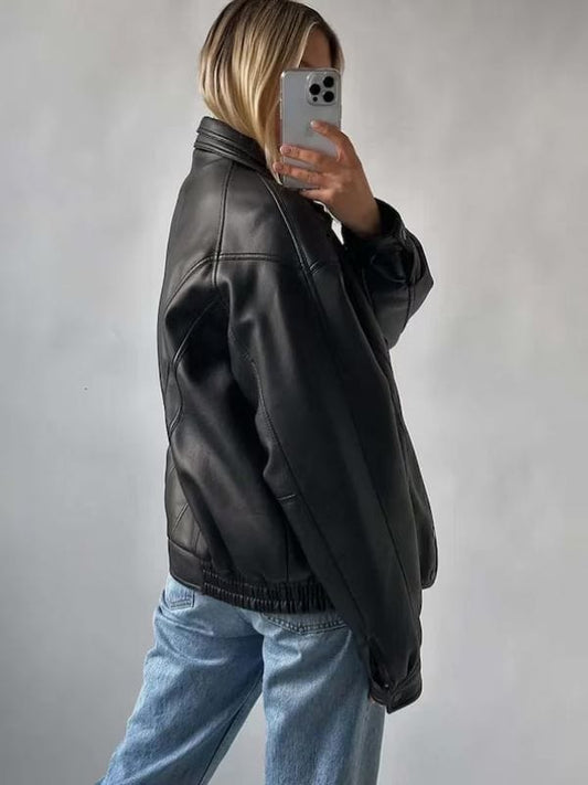 Womens 90s Vintage Oversized Black Leather Jacket