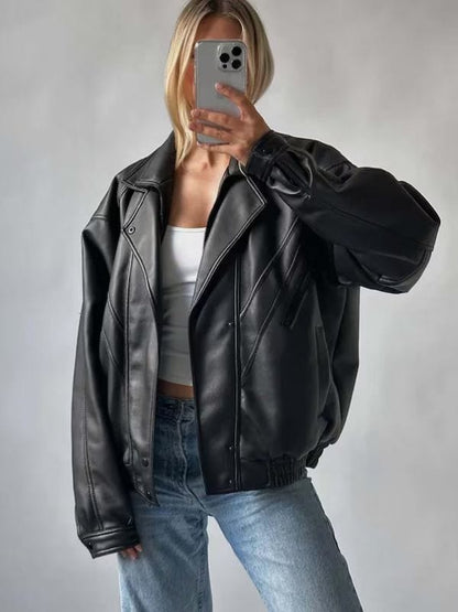 Womens 90s Vintage Oversized Black Leather Jacket