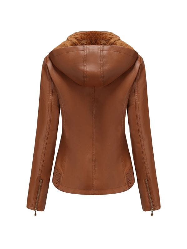 Womens Biker Moto Racer Shearling Brown Leather Hooded Jacket