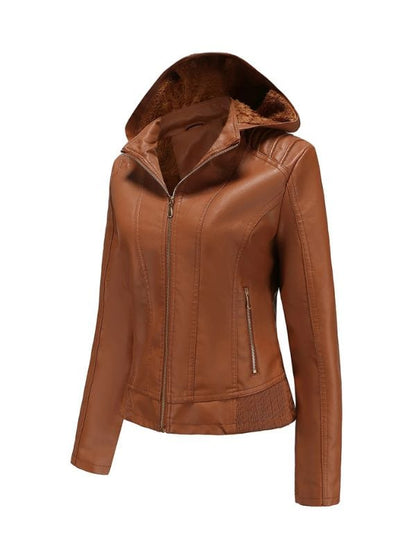Womens Biker Moto Racer Shearling Brown Leather Hooded Jacket