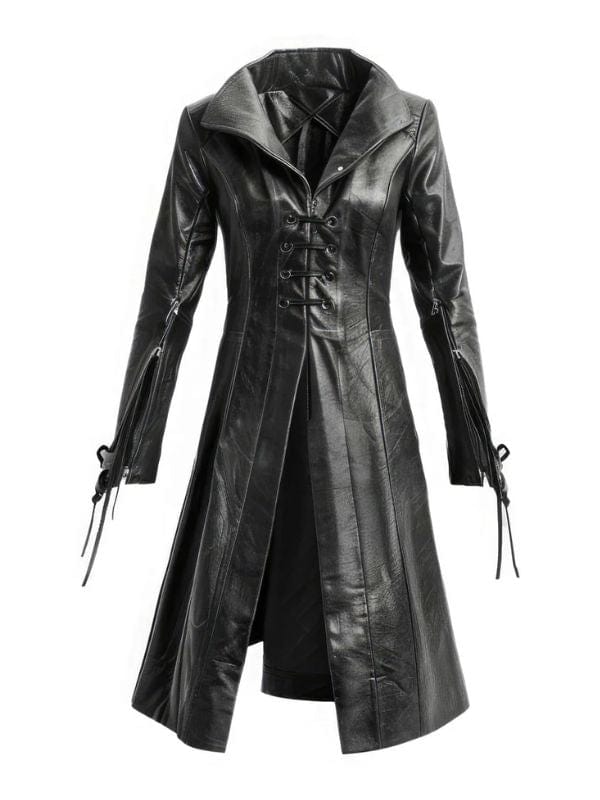 Womens Black Sheepskin Retro Leather Trench Coat
