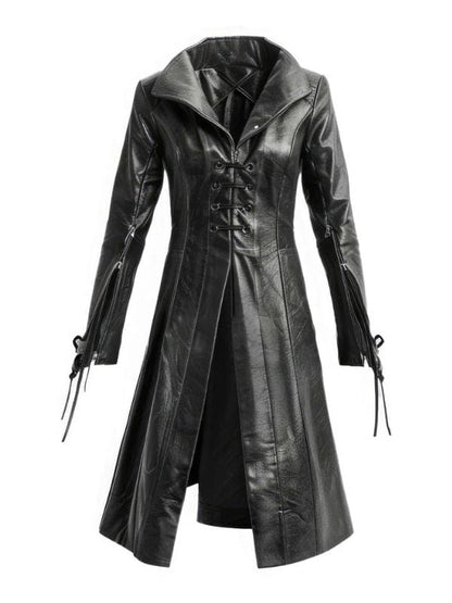 Womens Black Sheepskin Retro Leather Trench Coat