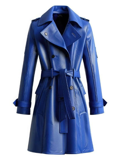 Womens Blue Sheepskin Belted Leather Trench Coat