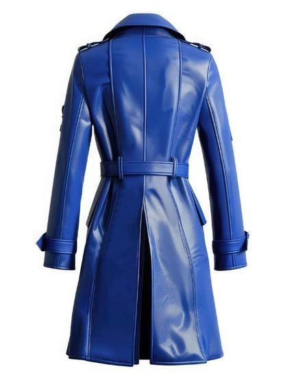 Womens Blue Sheepskin Belted Leather Trench Coat