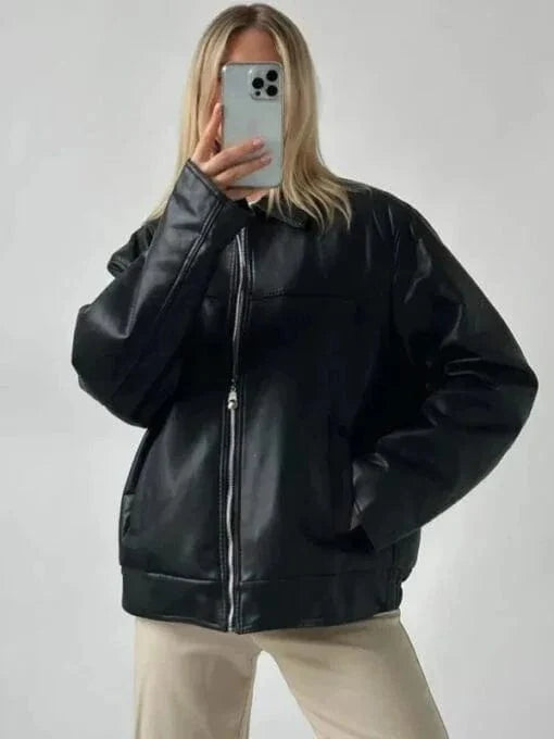 Womens Oversized 90’s Bomber Black Leather Jacket