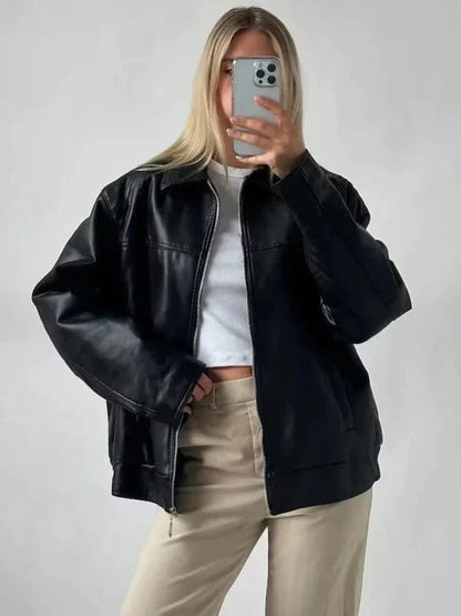 Womens Oversized 90’s Bomber Black Leather Jacket