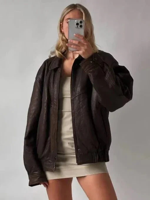 Womens Oversized Real Leather Bomber Brown Jacket