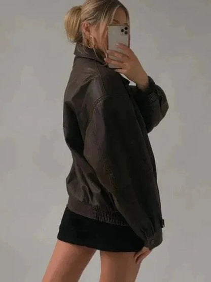 Womens Oversized Sheepskin Brown Leather Jacket