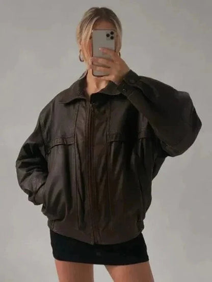 Womens Oversized Sheepskin Brown Leather Jacket